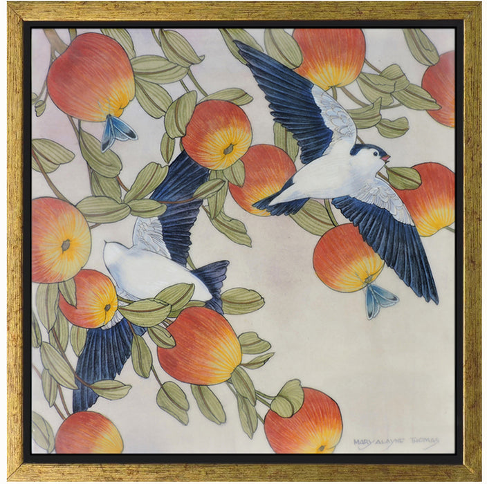 "Splendor" a watercolor and encaustic painting by Mary Alayne Thomas. Two swallow flying among the branches of an apple tree.