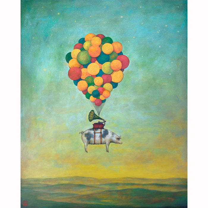 Suspension of Disbelief painting by Charlotte NC artist Duy Huynh. Surreal artwork of a pig, with a gramophone on its back, being carried through the sky by a cluster of colorful balloons. The background is a dreamy gradient sky transitioning from teal-blue to warm yellow and dark green mountain landscape below. 