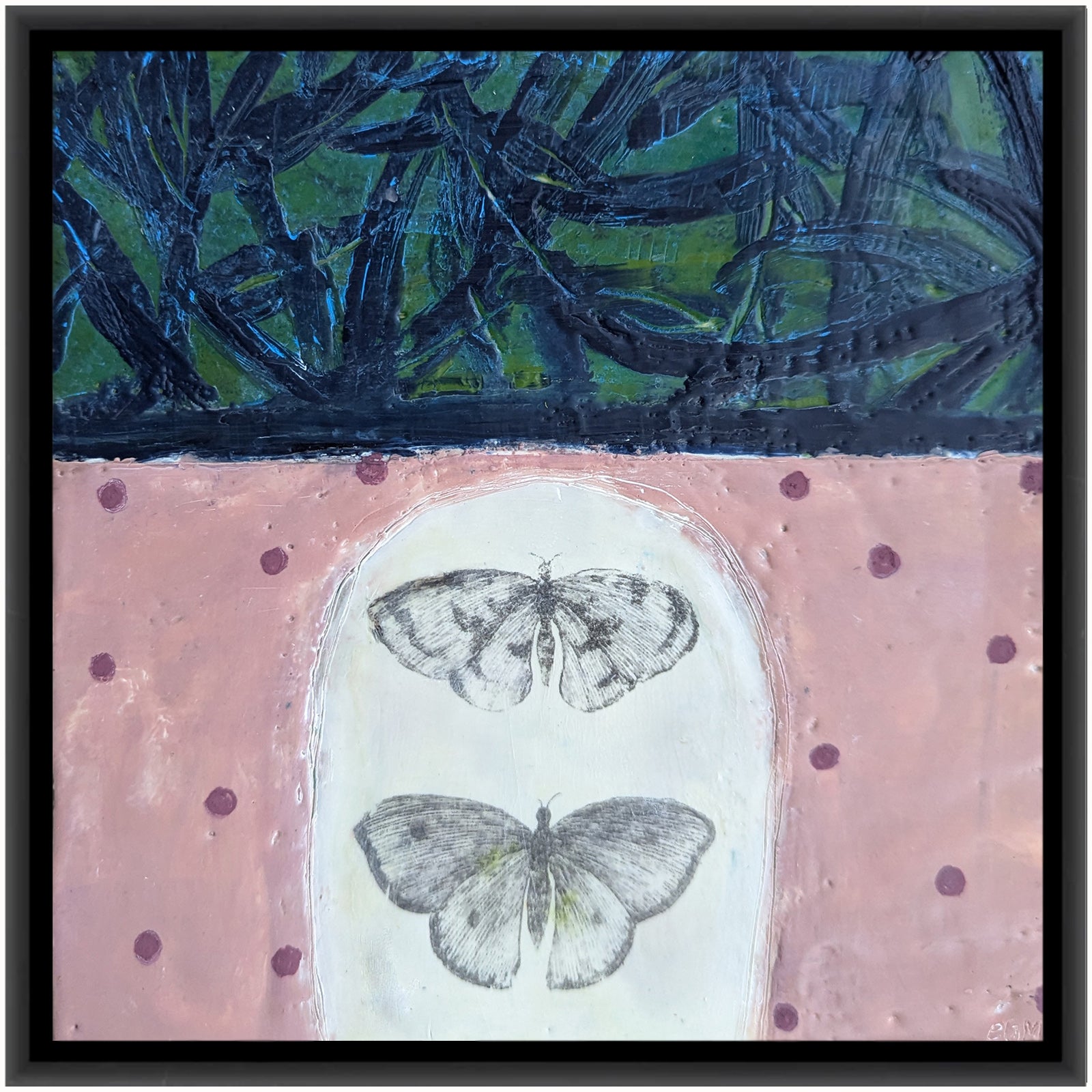 "Tell Me What You Know About Fragile Strength" mixed media encaustic painting by Bridgette Guerzon Mills. The painting has two butterflies and pink polka dots under a dark black and green top.