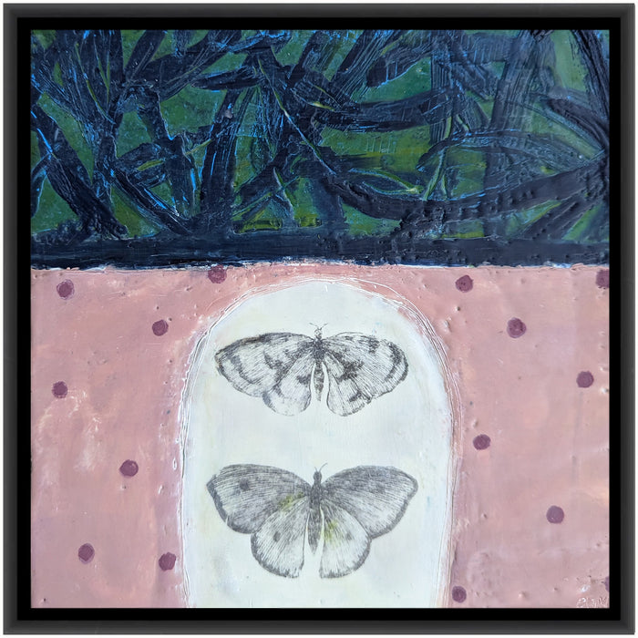 "Tell Me What You Know About Fragile Strength" mixed media encaustic painting by Bridgette Guerzon Mills. The painting has two butterflies and pink polka dots under a dark black and green top.