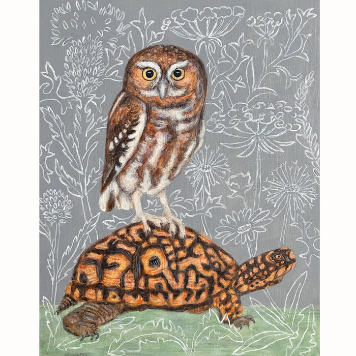 The Travelers painting by Martha Worthy featuring a box turtle with an elf owl on its back, and a botanical themed backdrop. 