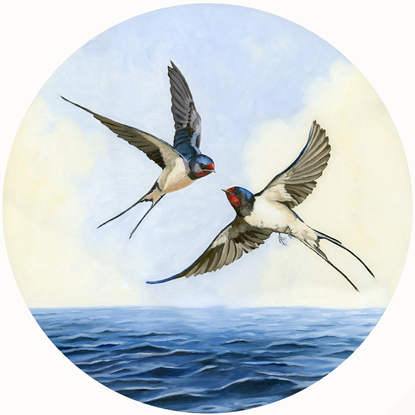 "True Hope is Swift and Flies" painting by Kim Ferreira. Two swallows fly over the ocean.