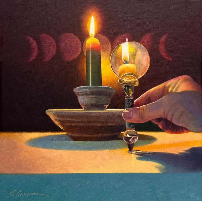 Painting by Sharon Cosgrove of a hand holding a magnifying glass in front of a candle, creating a second candle flame, with the moon phases in the background. 