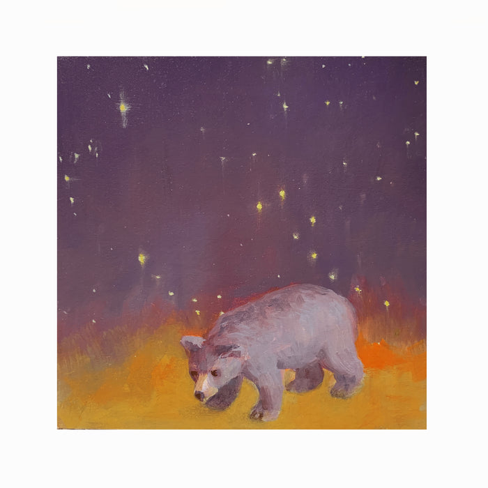 "Bear Stars" mini painting by Wendy Rouse, a purple and golden star filled sky with a bear.