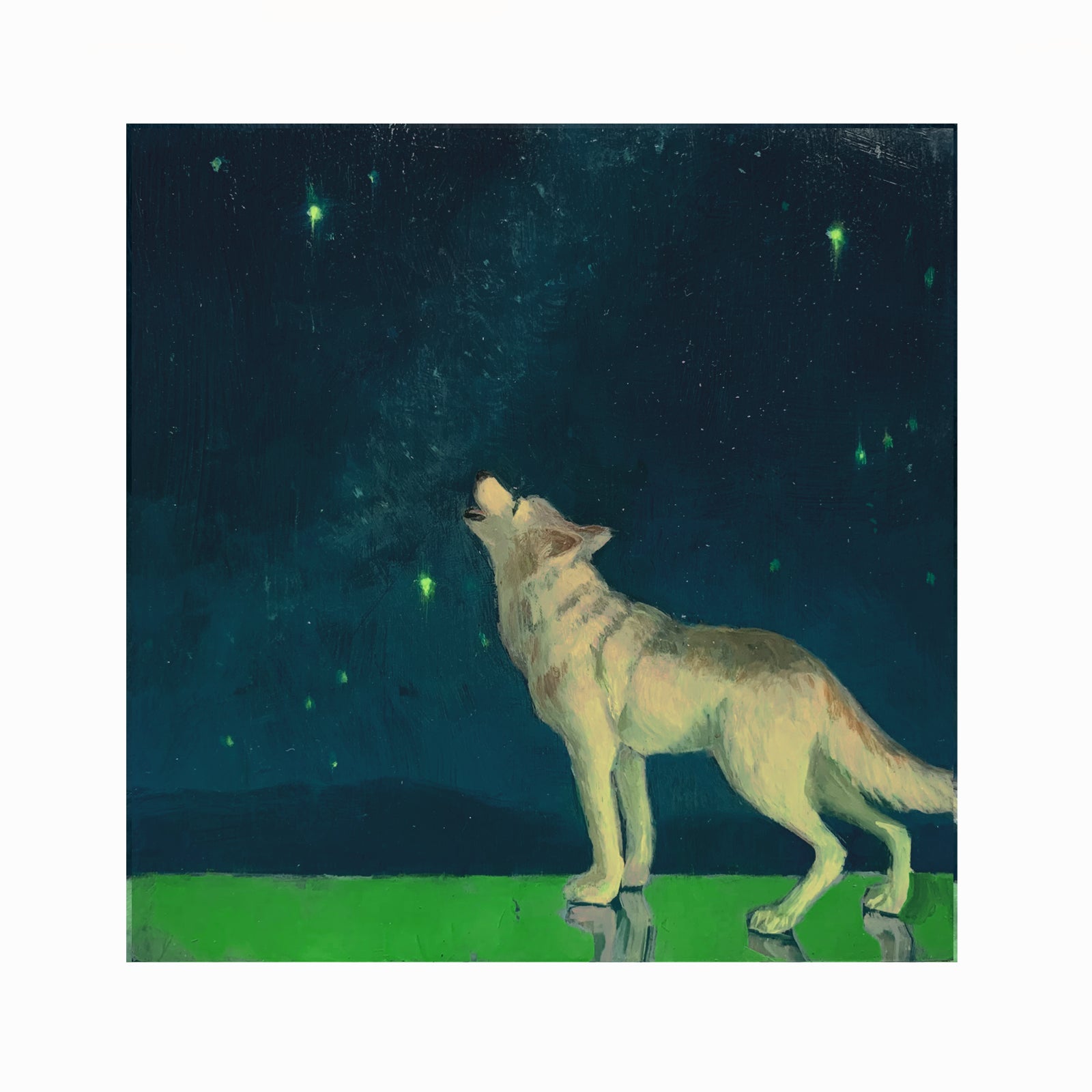 "Dog Stars" mini painting by Wendy Rouse, a wolf howls at the stars.