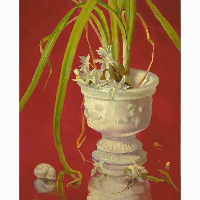 "Paperwhites for Lost Love" painting by Wendy Rouse. Paperwhites planted in a white pot with a bold red background.