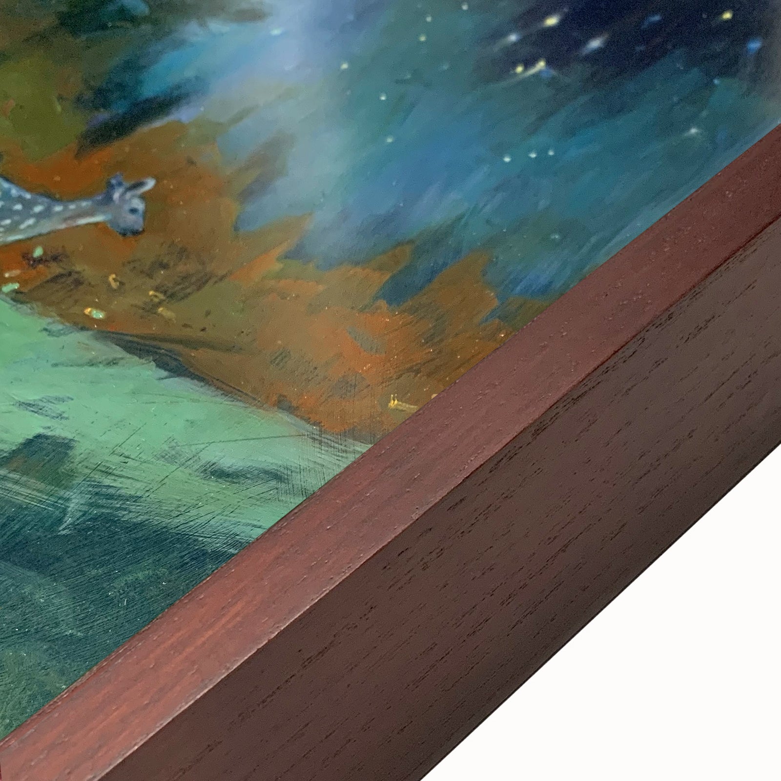 "Starlight Fawn" painting by Wendy Rouse. A fawn runs through the woods under a star filled night sky. Frame detail.