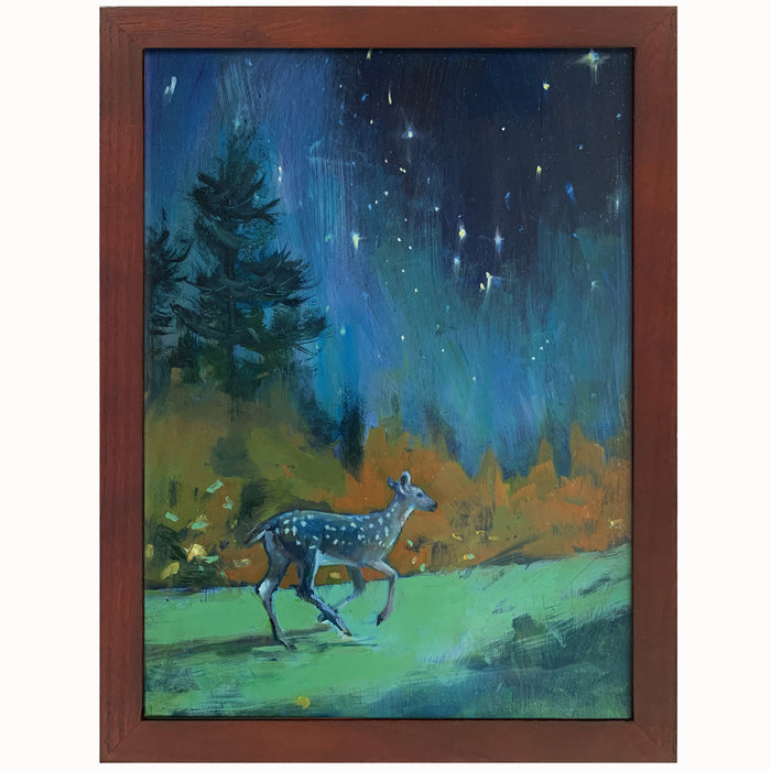 "Starlight Fawn" painting by Wendy Rouse. A fawn runs through the woods under a star filled night sky.