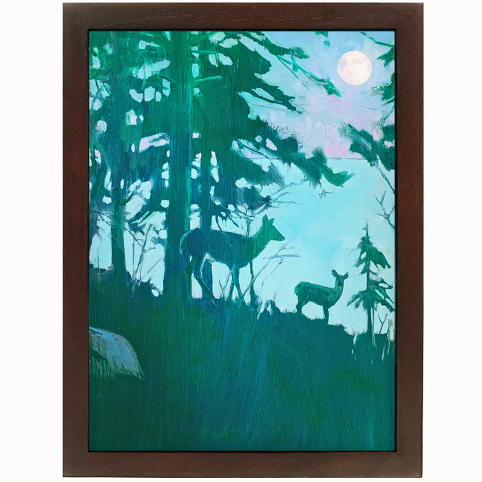 "Whitetail Moon" painting by Wendy Rouse, two deer in the woods under a full moon.