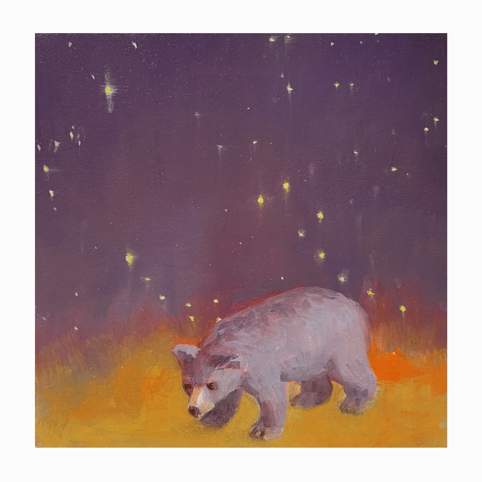 "Bear Stars" mini painting by Wendy Rouse, a purple and golden star filled sky with a bear.