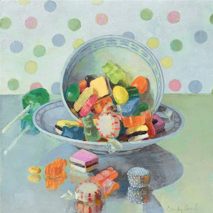 "Candy Land", small teacup and candy themed painting by Wendy Rouse. Mixed candies spill out from a teacup in front of a polka dot background.