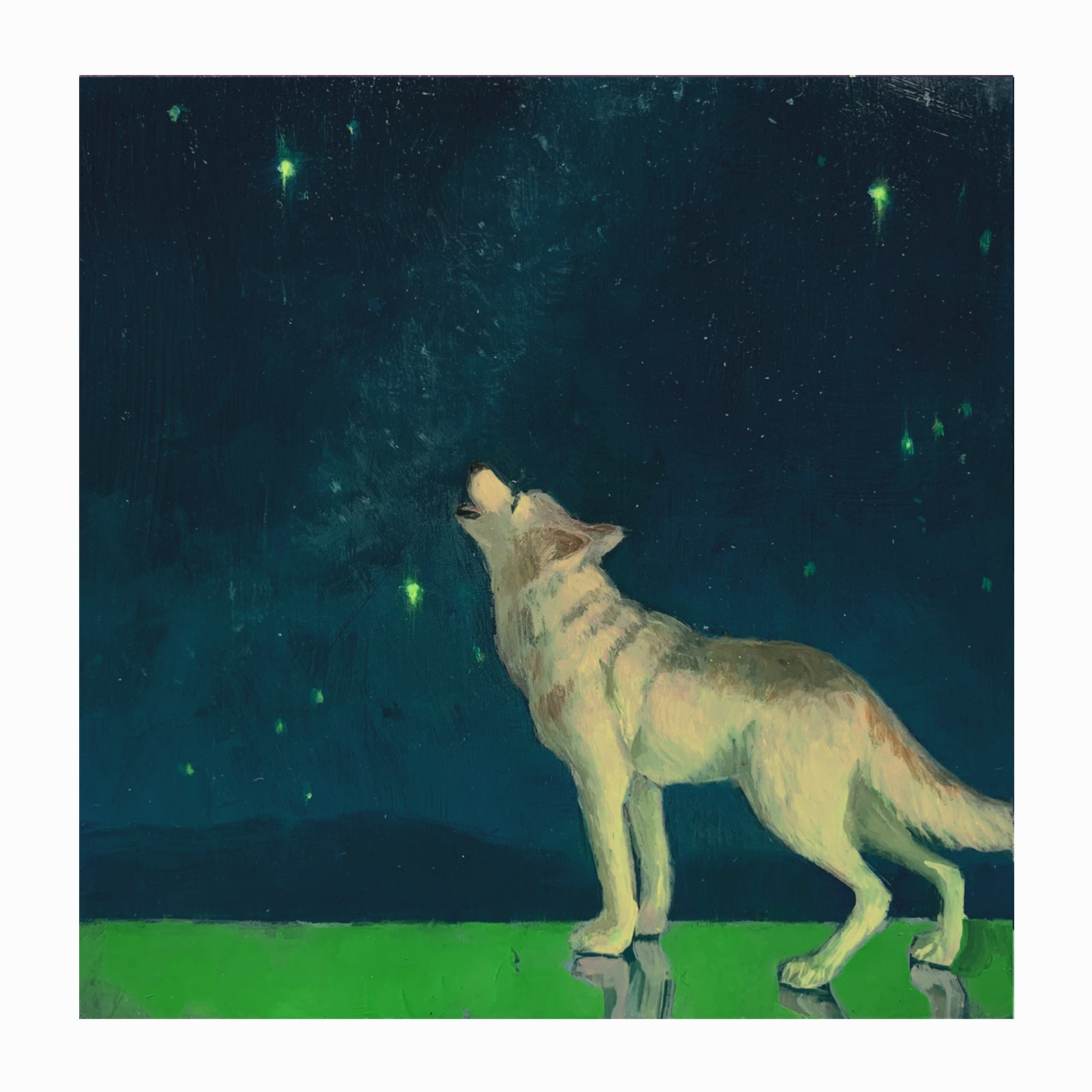 "Dog Stars" mini painting by Wendy Rouse, a wolf howls at the stars.