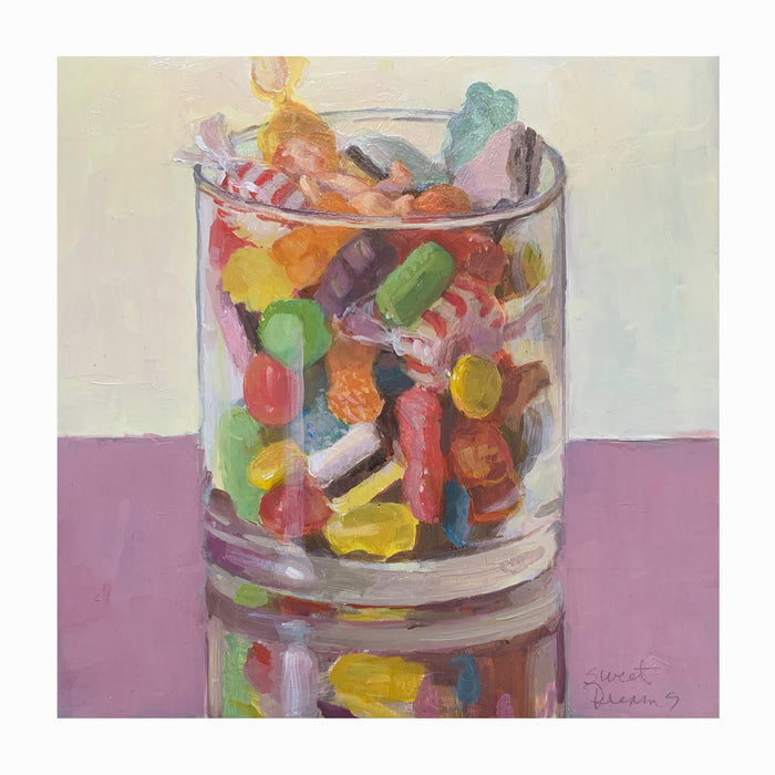 "Sweet Dreams" painting by Wendy Rouse, a glass with mixed candies.