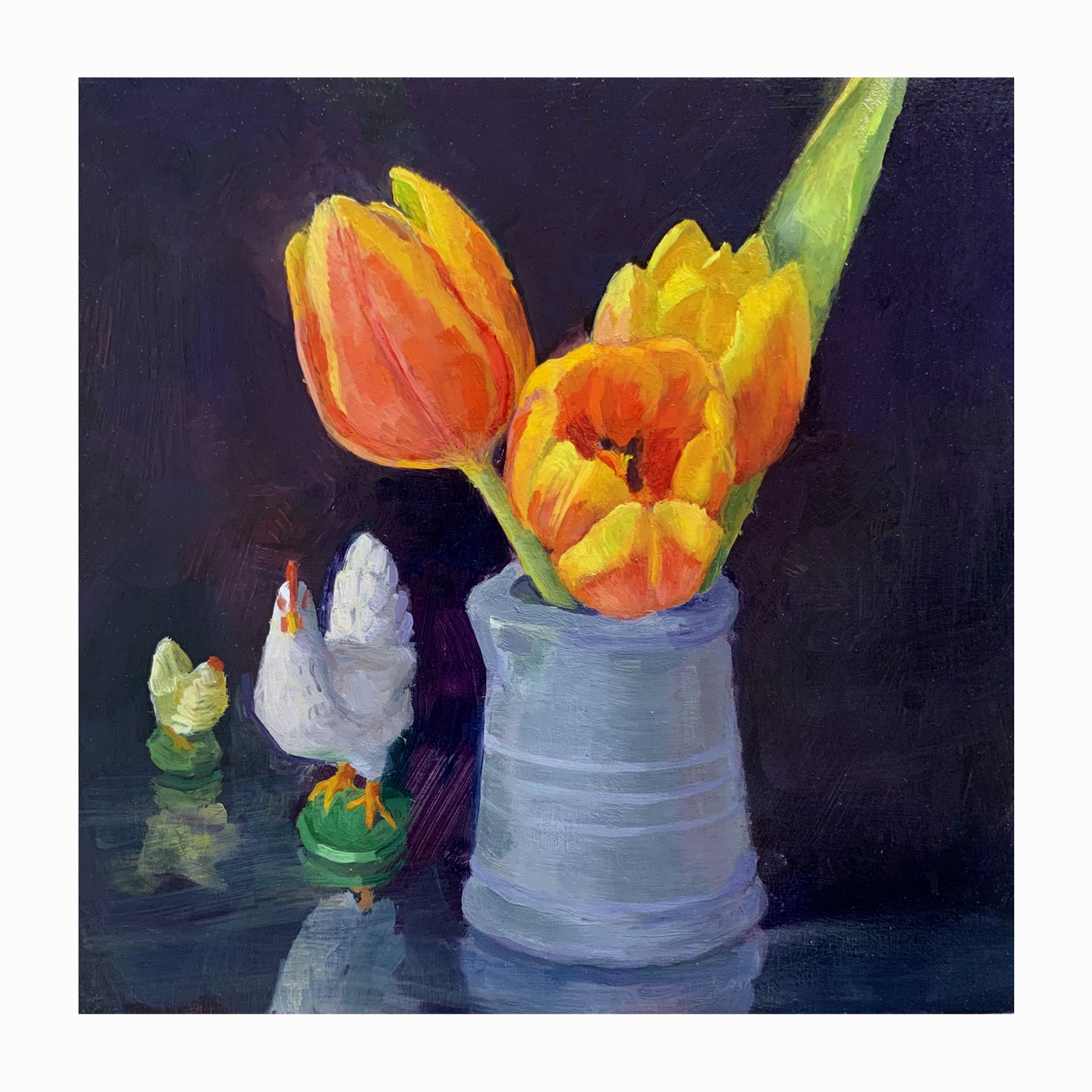 "Tulips for Love", mini painting by Wendy Rouse. Blue creamer with tulips, green marble and chicken figurines.