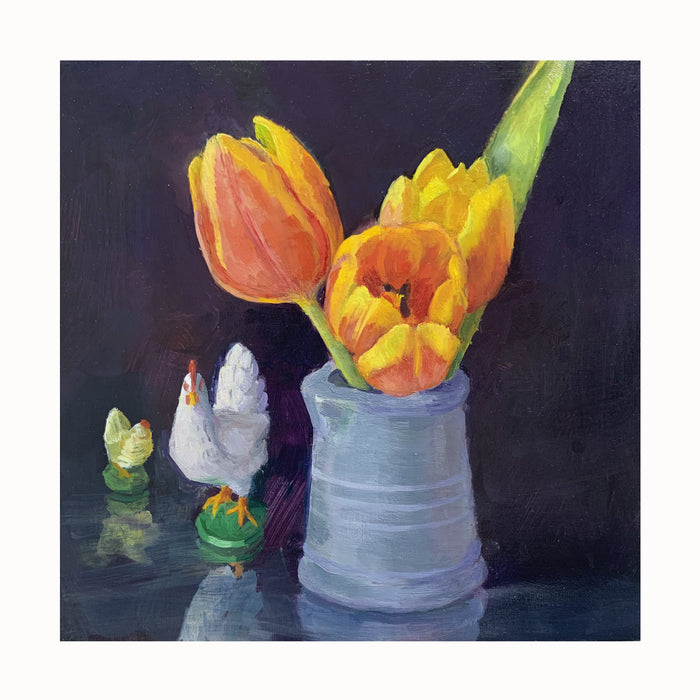 "Tulips for Love", mini painting by Wendy Rouse. Blue creamer with tulips, green marble and chicken figurines.