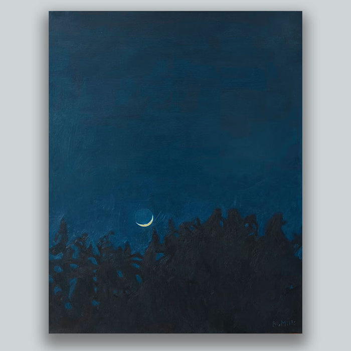 An oil painting, by Bridgette Guerzon Mills, depicting a dark blue night sky with a small crescent moon just above the silhouette of treetops. Shown on pale gray wall.