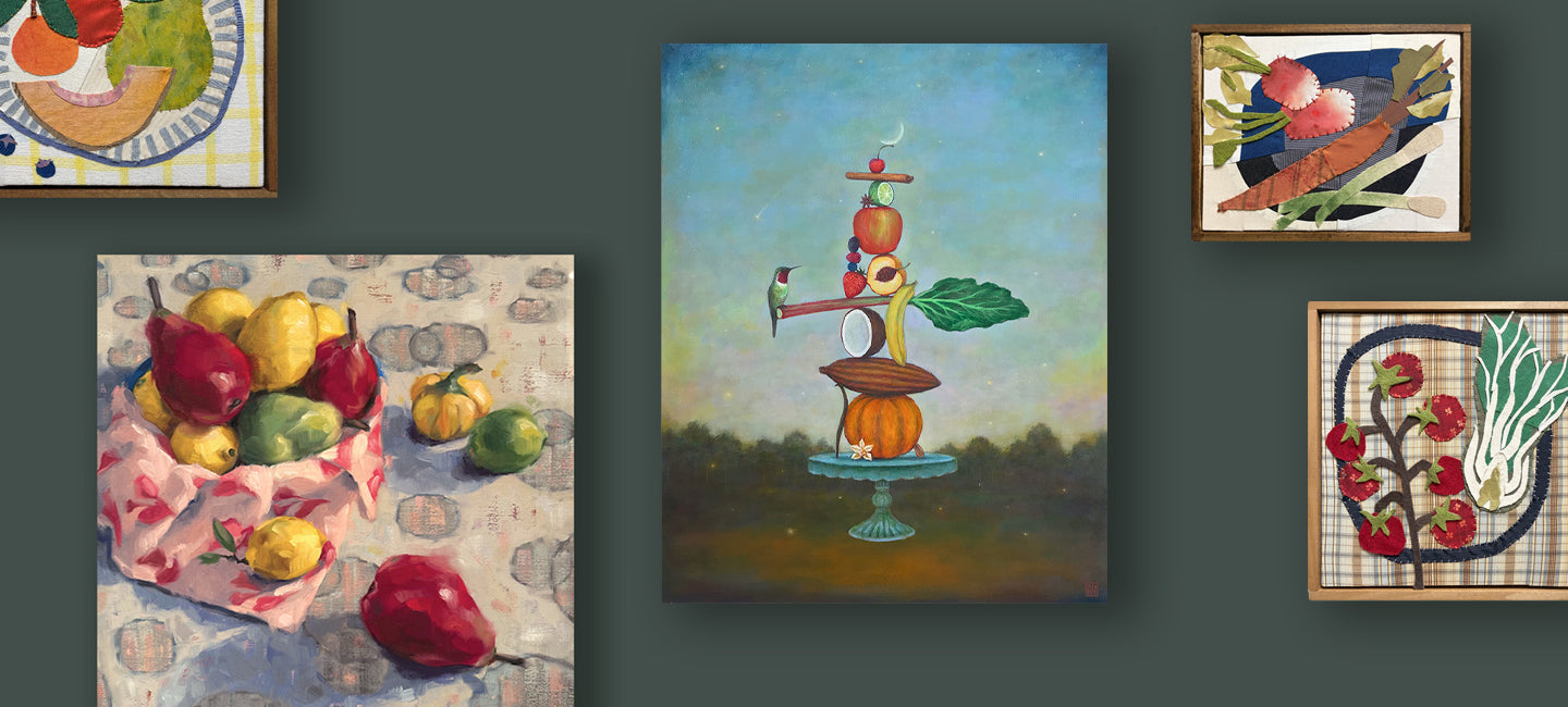 Collection of artwork from the Nourish food themed exhibit at Lark and Key art gallery. Paintings by Ninalee Irani and Duy Huynh, and textile collage art by Hannah Goff. 