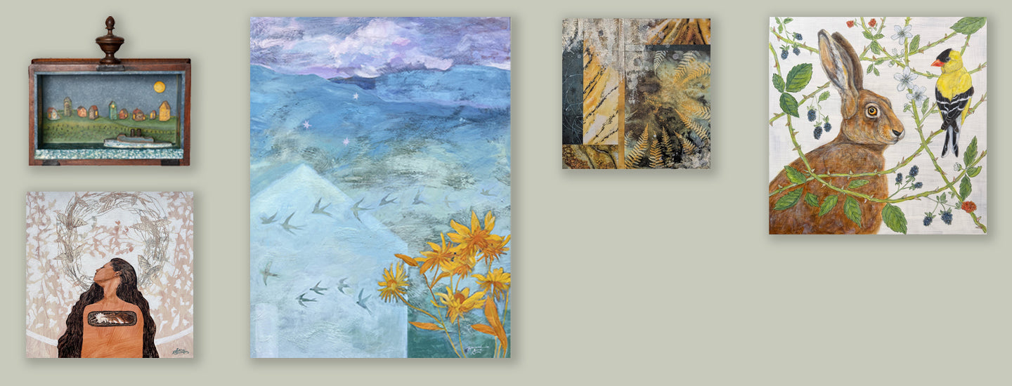 Lark & Key art gallery's promo for Collective Wisdom exhibit featuring nature inspired artwork from Janet Eskridge, Hannah Seng, Sarah Treanor and Martha Worthy.