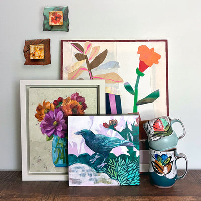 A collection of colorful art and ceramics for the Bloom exhibit at Lark & Key gallery.