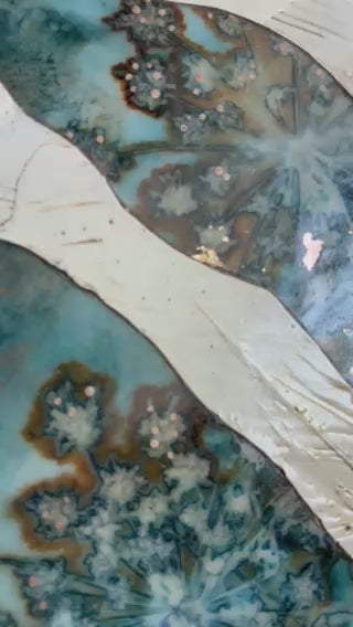 Video. of Midnight Embers IV mixed media and encaustic leaf painting with copper and gold leaf details. 