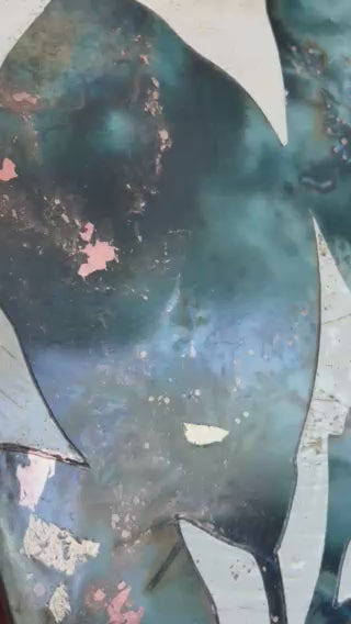 Video of Midnight Embers III mixed media encaustic leaf artwork in rich blues with gold and copper leaf details.