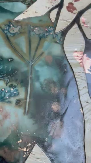 Video of Midnight Embers II mixed media encaustic leaf artwork in rich blues with gold and copper leaf details.