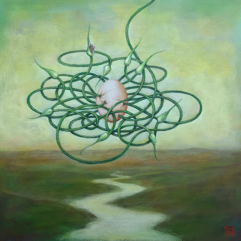 Artist Duy Huynh 's painting called "Egg-scape-ism". Surreal image with green garlic scapes weaving in and out of an egg, floating about an open landscape with a river winding through it.  Available at Lark & Key, Charlotte NC.